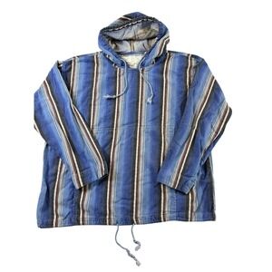 Vtg Blue Baja Hoodie Pullover Stripe‎ Mexican Drug Rug Hippie Boho 90s Size Med
